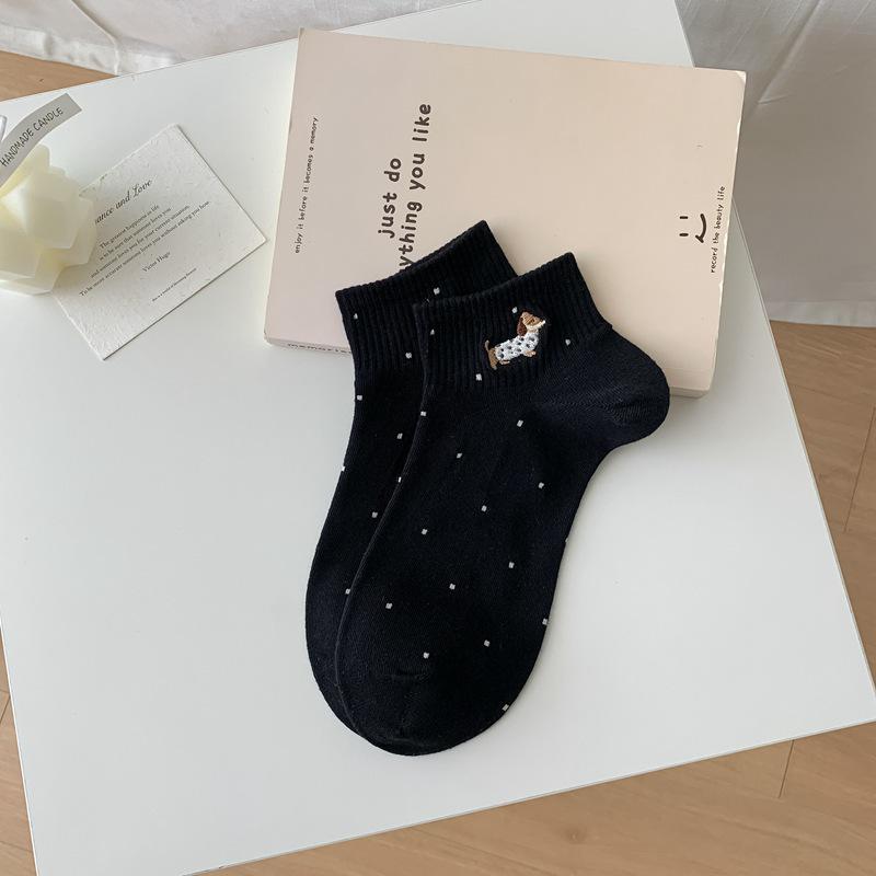 Dachshund Embroidery Women's Summer Boat Socks - Breathable, Thin, Cotton, Japanese College Style Crew Socks