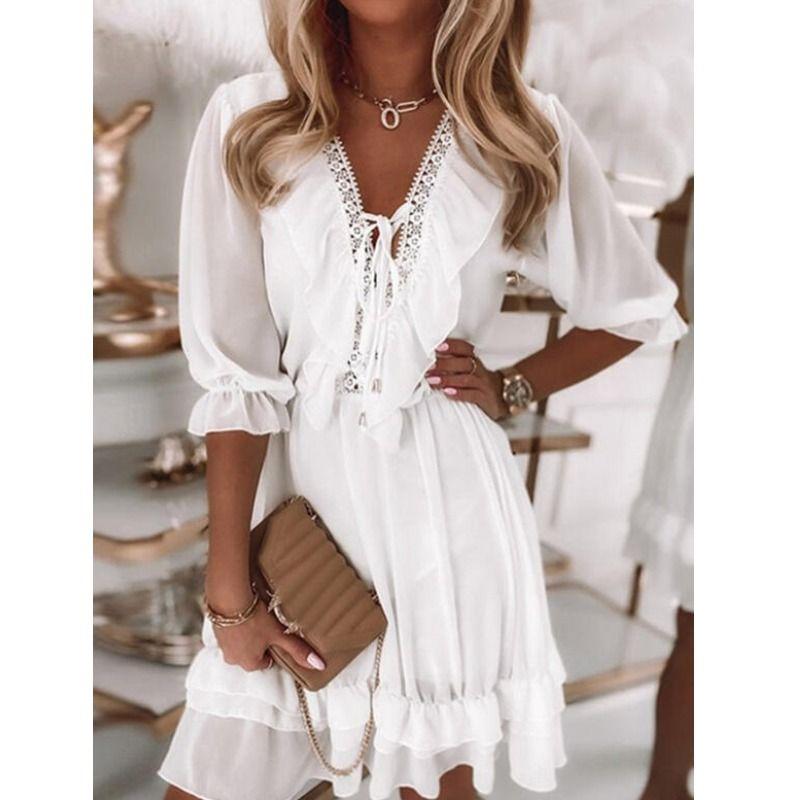 Short Sweet Summer Fashion V Neck Stitching Tied White Chiffon Loose Lotus Leaf Dress Female Dress