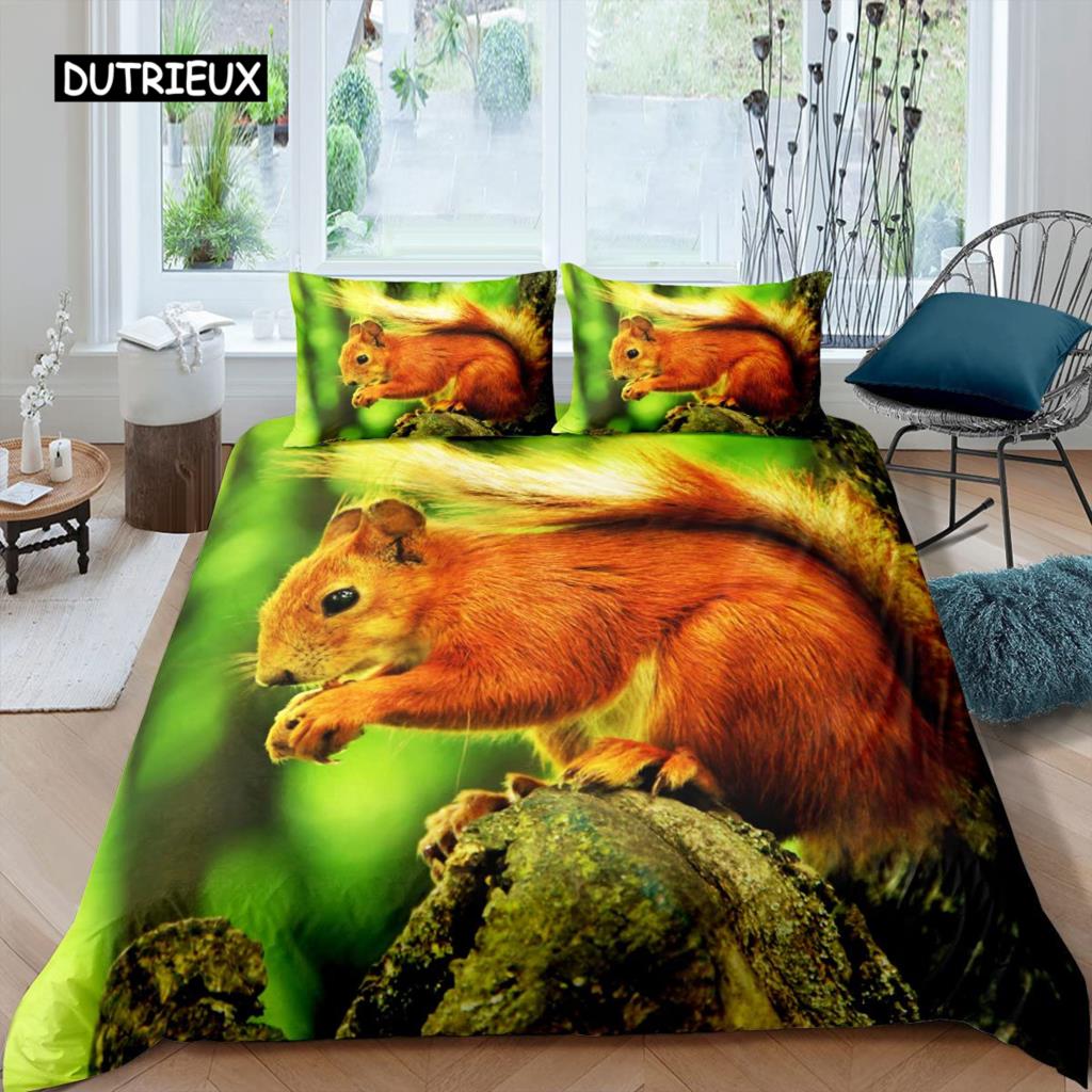 Squirrel Duvet Cover Set Cute Squirrel Twin Bedding Set 3D Animal Comforter Cover Nature Theme King Size Polyester Quilt Cover