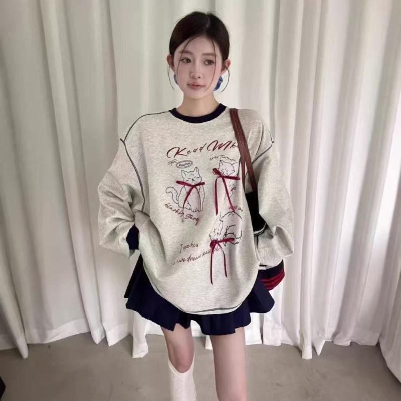 Cat Printed Bow Decoration Woman Hoodie Round Neck Women's Long Sleeved Pullover Tees Autumn Casual Loose Female Fashion Top