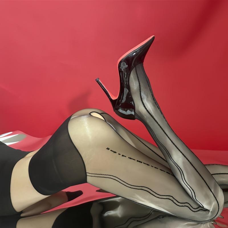 Open Vertical Stripes Seamless Crotch Black Stockings Lace Jacquard Aurora Pantyhose Thin Sexy Silky Shiny