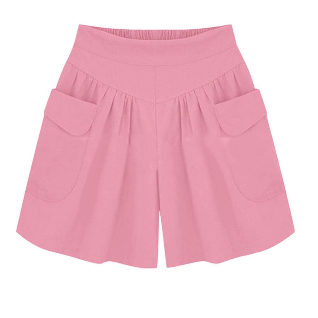Women Fashion Summer Loose Casual Elastic Waist Shorts Beach Shorts Solid Breathable Wide Leg Pants
