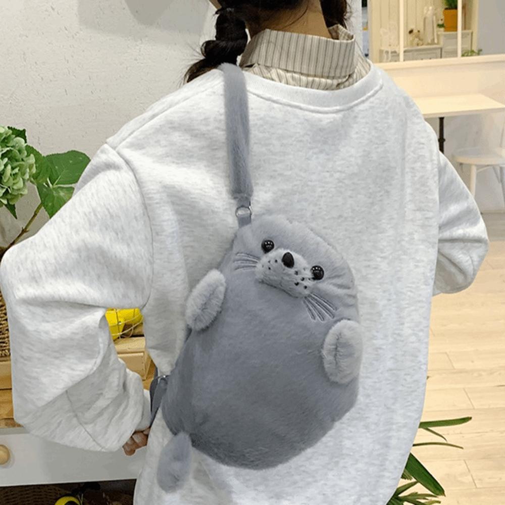 Fashion Soft Fluffy Cute Seal Shoulder Bag Cartoon Adjustable Straps Phone Bag Lightweight Fabric Handbag Women's Accessories