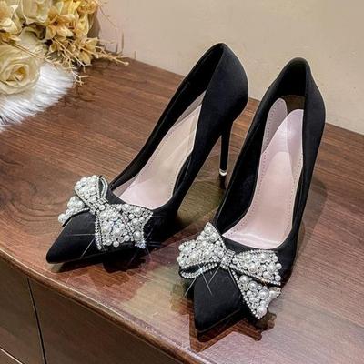 Neue Mode Schleife Spitzzehen High Heels Pumps Damen Stiletto Weiße Perle Braut Hochzeitsschuhe Bankett Party Kleidschuhe