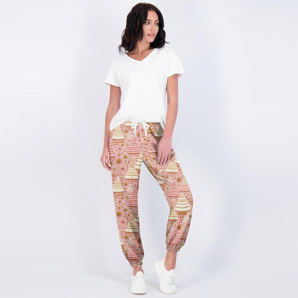 Pantaloni de trening casual de damă cu imprimeu de Crăciun, cu talie cu șnur și manșete la glezne