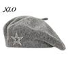 Women Knitting Hat Knitted Beret for Fall Winter, French Style Artist Cap with Rhinestone Star, Stretchy Solid Color Decorative