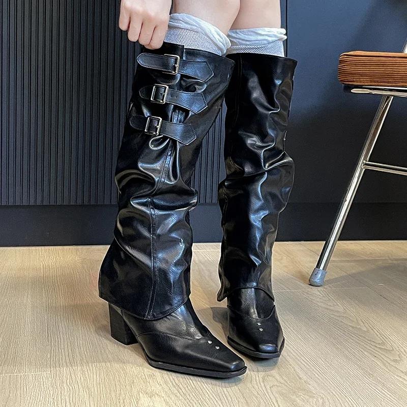 Women Western Cowboy Boots Fashion Pointed Toe Long Booties Ladies Elegant Thick Heel Shoes Winter Removable Women's Footwear