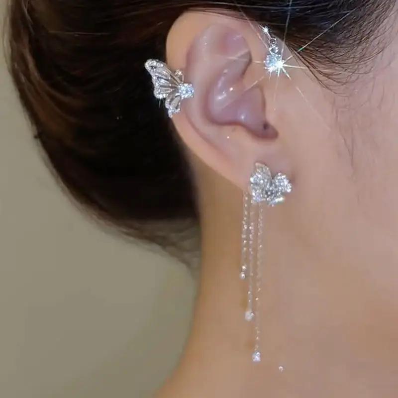 Shiny Zircon Butterfly Ear Cuff Gold Color Tassel Clip On Earrings For Women Korea Style Copper Earring Without Piercing Jewelry