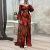 Women Evening Dress Off Shoulder Rhinestone Decor Pleated Long Lantern Sleeve Split