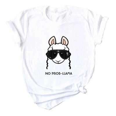 Sommerliches Damen-T-Shirt „No Prob Llama“ mit Cartoon-Kopf-Print, Kurzarm, Baumwolle, Freizeit