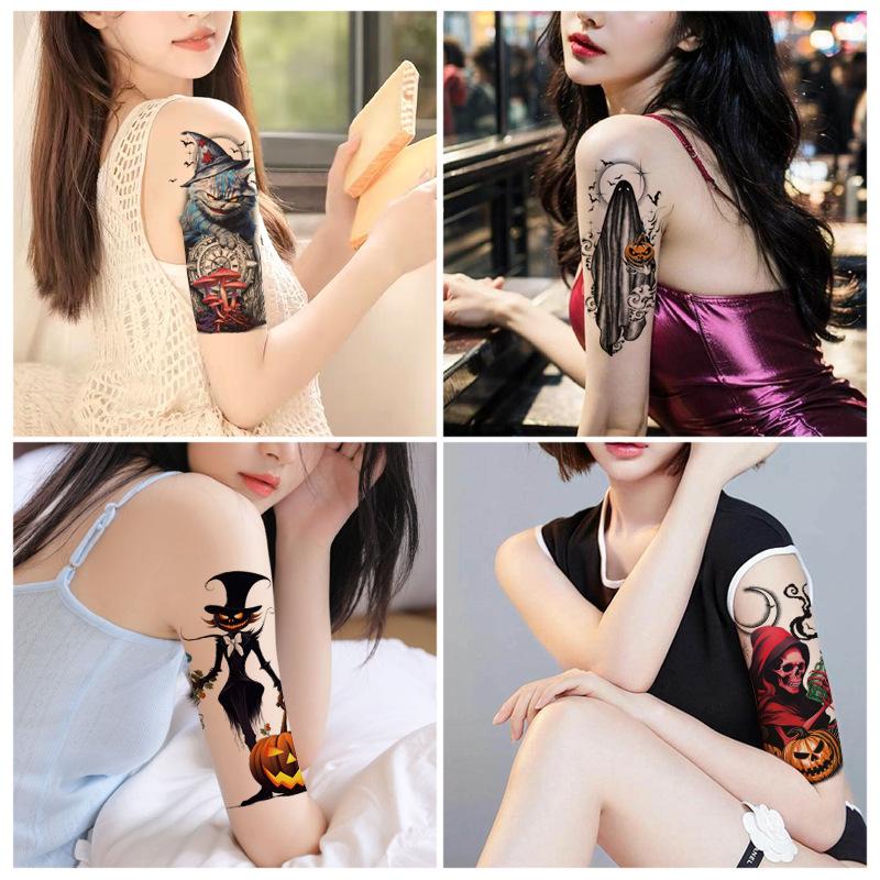 Waterproof sweat-resistant large floral arm tattoo sticker, dark Halloween horror tattoo, pumpkin skull Prajna tattoo sticker