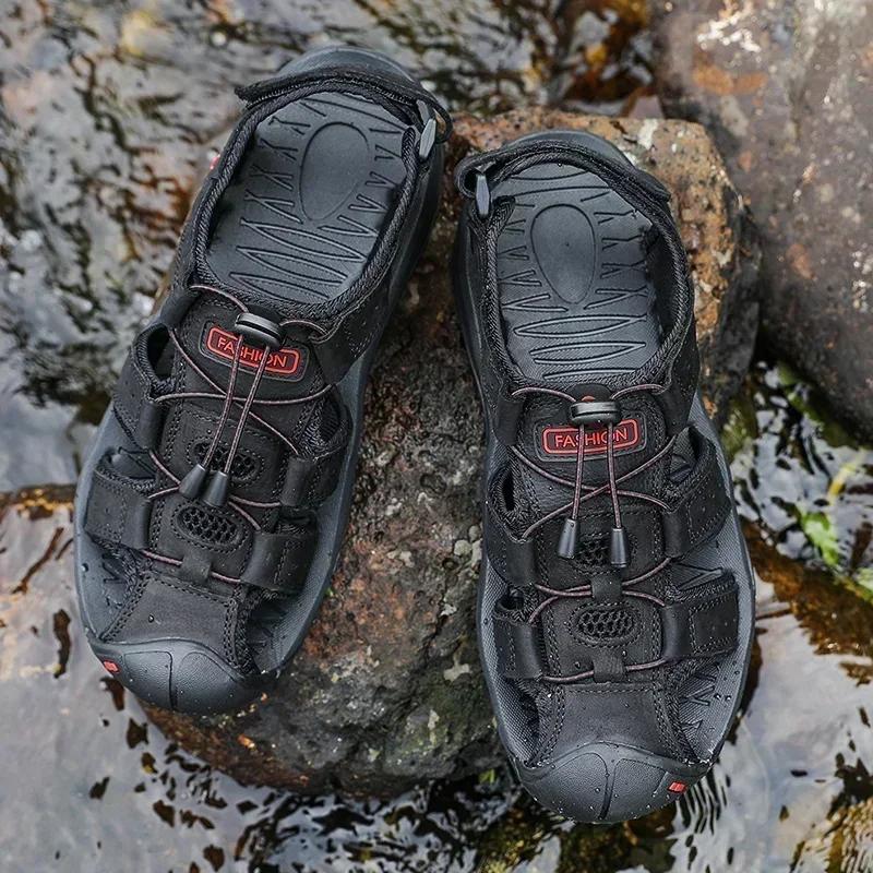 Fashion Summer Men Sandals Genuine Leather Mens Casual Shoes Outdoor Men Leather Sandals for Men Beach Shoes Roman Shoes Zapatillas Male