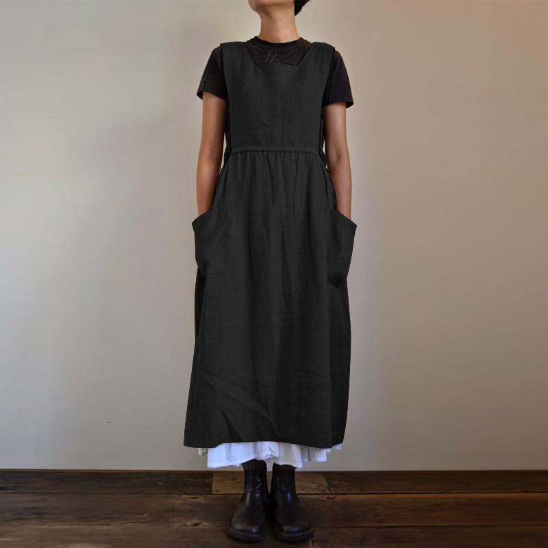 Women's Cotton Linen High Waist Long Apron Dress (2023)