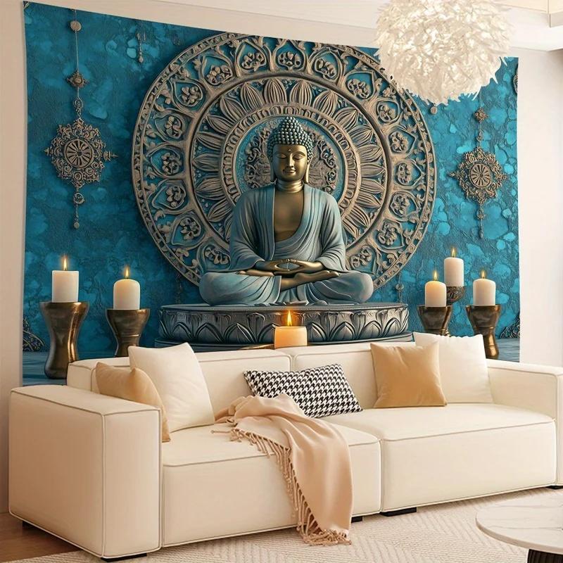 VIKAMA Meditations-Buddha Wandbehang, Vintage Blaue Buddha-Statue Mandala Wandteppich, Leichte Spirituelle Innenwanddekoration2