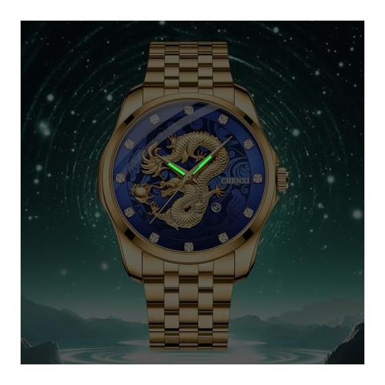 Dragon Watch Men's Stainless Steel Gold: Luminous Analog Calendar Dragon Quartz Watch Antique 3ATM Waterproof Men's Fashion Accessories Gold -