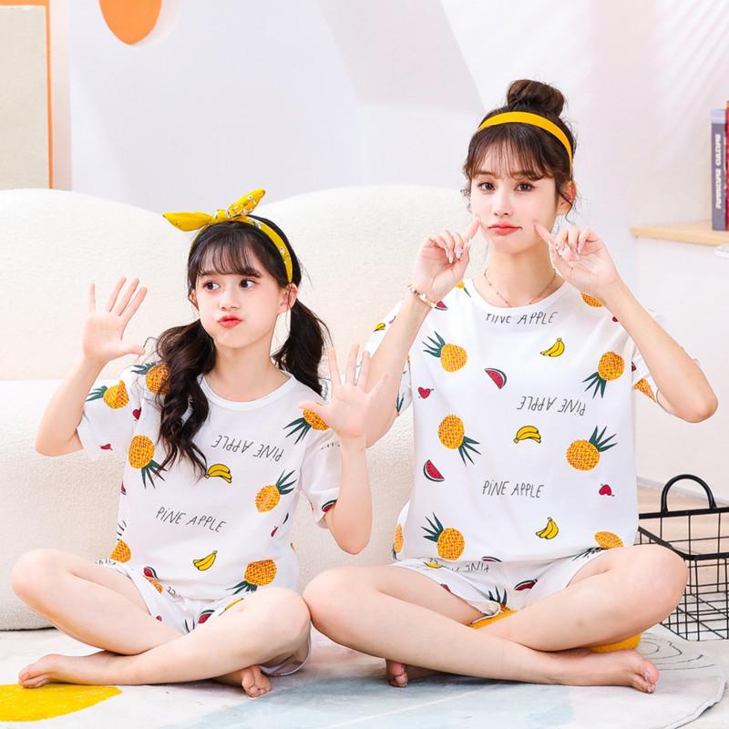 Set de casă de vară din bumbac pur cu desene animate cu prințese, mamă-fiică, cu mânecă scurtă