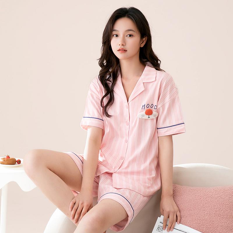 Fenteng [A-class pure cotton 10A antibacterial] 26 spring and summer short sleeved cardigan home suit sleepwear for women and couples