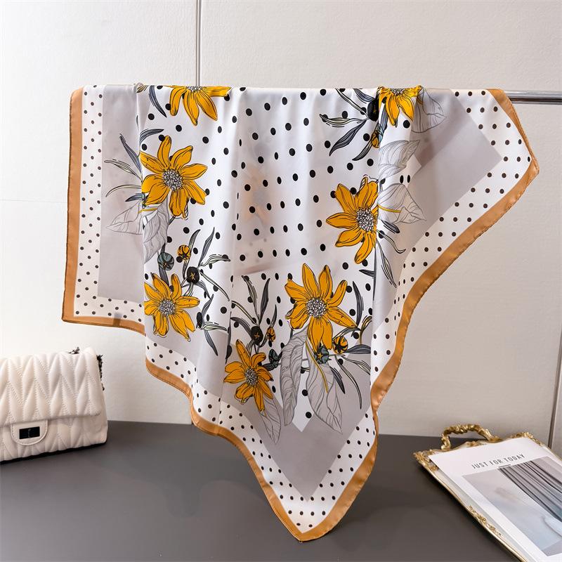 Flower Polka Dot Printing Imitation Silk Scarf Square Scarf High-End Shawl Versatile Neck Small Square Scarf Headscarf Scarf Women