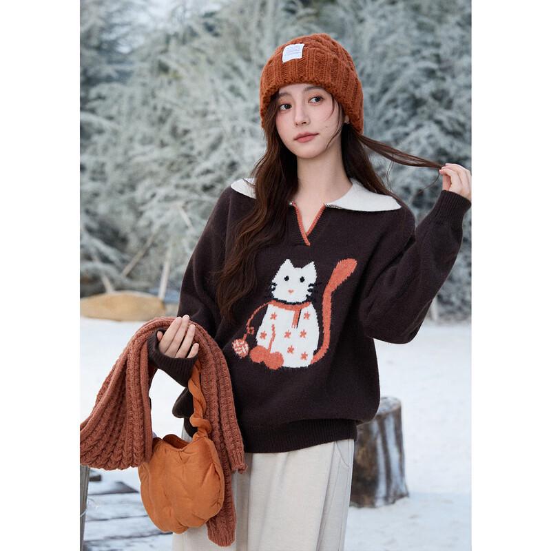 Women s Retro Cat Jacquard Lapel Knit Sweater One Size