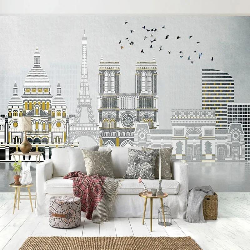 Custom Any Size Mural Wallpaper Hand Painted Nordic City Architecture European Style Flying Bird Background Wall Painting Decor