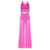Completo Danza Lirica da Donna Senza Maniche Incrocio sulla Schiena Crop Top Frangiato Pantaloni a Gamba Larga in Rete Slip Integrati