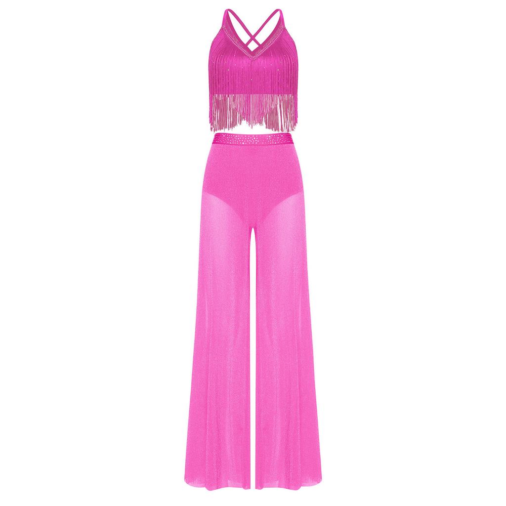 Completo Danza Lirica da Donna Senza Maniche Incrocio sulla Schiena Crop Top Frangiato Pantaloni a Gamba Larga in Rete Slip Integrati