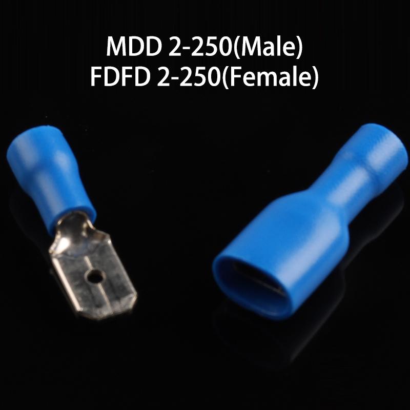 6.3mm Female Male PVC Connector Electrical Wiring Connector Insulated Crimp Terminal Spade Blue Yellow Red FDFD MDD2