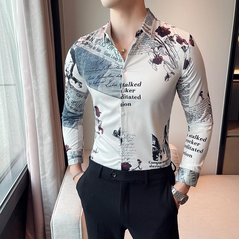 Four Seasons Men's Fashion Long Sleeve European & American Print Shirt 2703