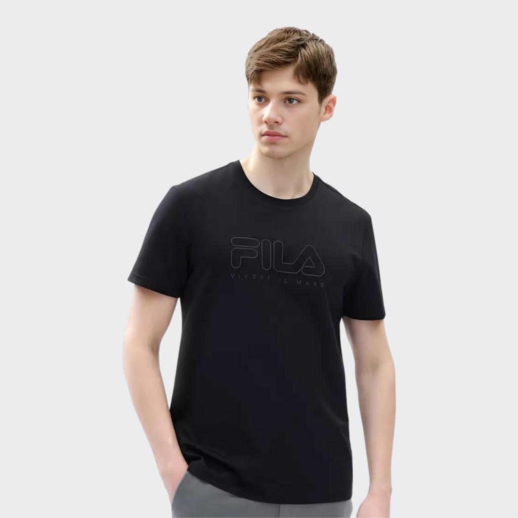 Fila Einfarbiges T-Shirt mit Buchstabenlogo-Print, lässiges Sportstrick-Kurzarm-T-Shirt für Herren, Oberteile, Legendär-Blau F11M227109FNV