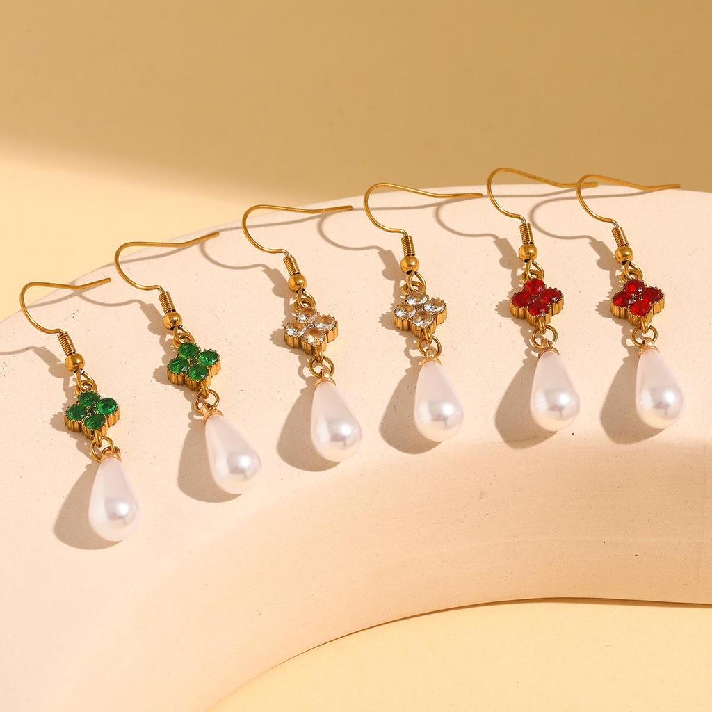 White Diamond & Pearl Four-Leaf Clover Stainless Steel Earrings for Women - Fashionable Water Drop Pendant Accessories