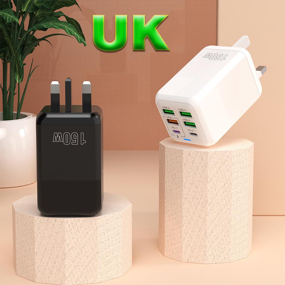 150W Multi-Port Charger: 4 USB + 2 PD, 5V/2.4A, EU/UK/US Compatible for Mobile Devices