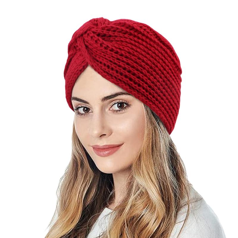 Women's Solid Color Winter Knitted Turban Hat Imitation Cashmere Cross Twisted Hat for Women Bohemian Style Hijab Caps