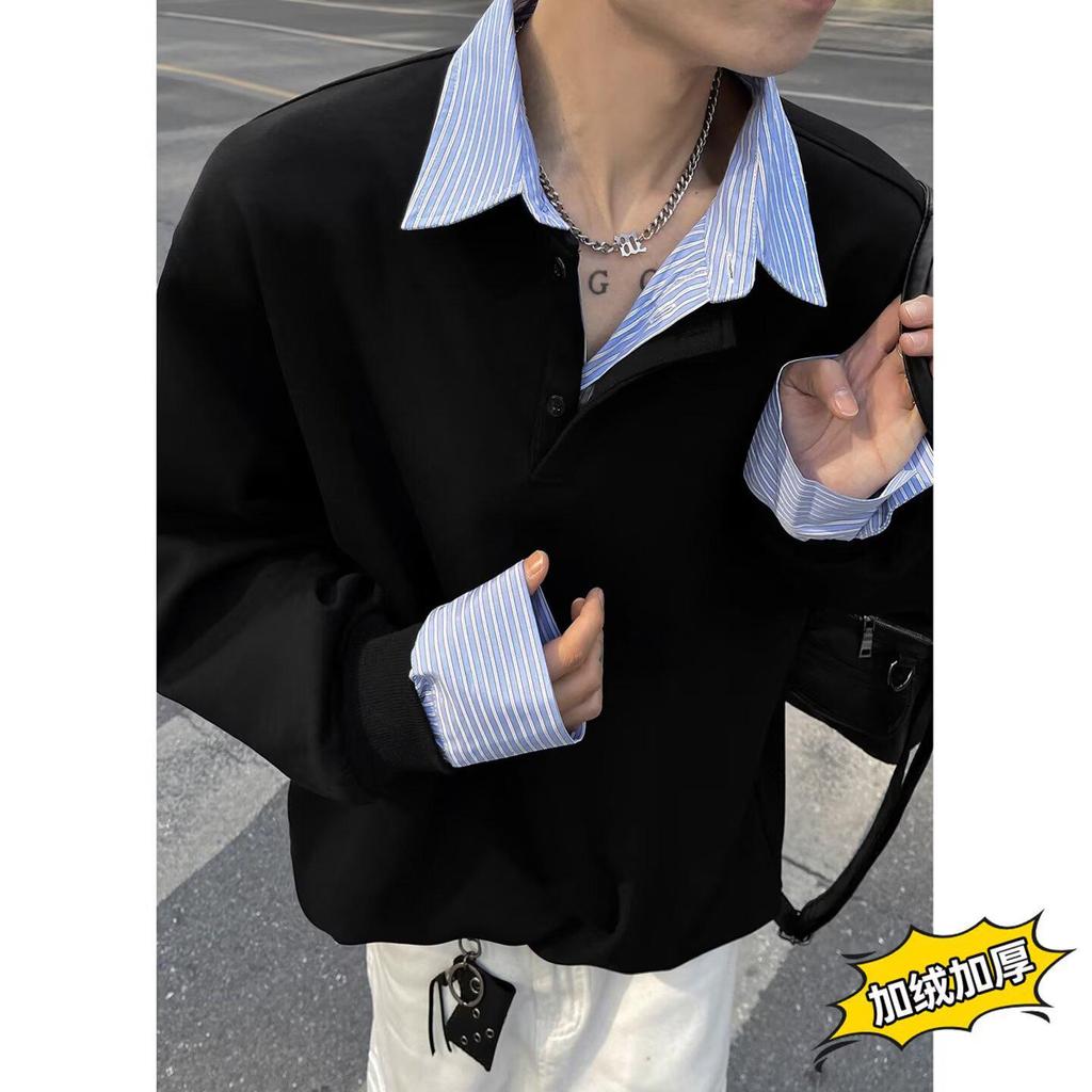 Unisex Korean Style Fleece-Lined Color Block Patchwork Hoodie with Loose Lapel