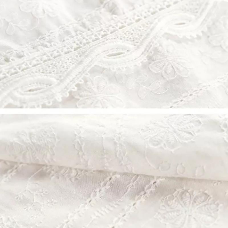 Lace Hollow Out Sweet Loose White Women's V-Neck Blouse Half Sleeves Solid Blouse Shirt