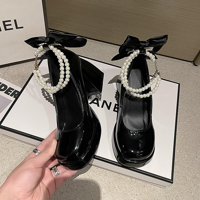 Autumn New Thick Heel Single Shoes Women's Round Head Shallow Mouth Butterfly Knot Beaded Platform High Heels