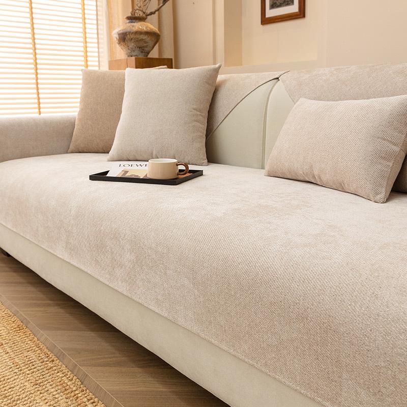 Four Seasons Universal Chenille Sofa Cover Sofa Pad Solid Color Striped Sofa Mat for Living Room Non-Slip L Shaped Couch Cushion