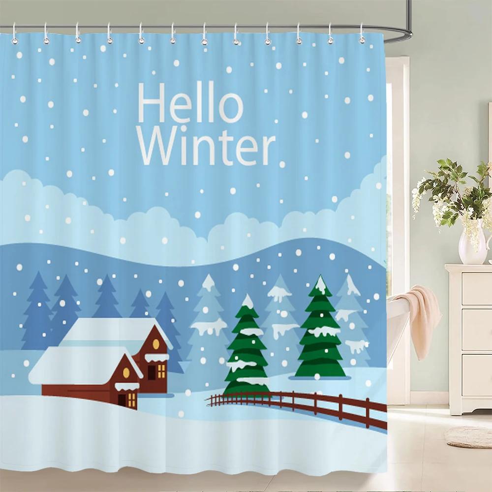 Winter Ski Station Cedar Plant Shower Curtains Bathroom Curtain Frabic Waterproof Polyester Bath Curtain with Hooks Decoration