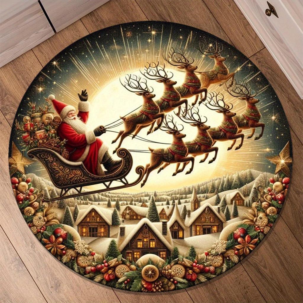 Santa Claus Reindeer Christmas Rug, Soft Polyester Non-Slip Mat, Festive Holiday Decor for Living Room, Bedroom, Office