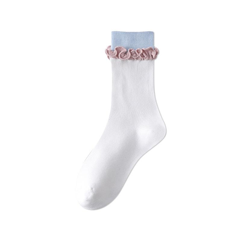 Women's Boneless Spring and Autumn Socks, Cotton Socks, Ballet-style, Black Ear-trimmed, White Mid-calf Socks