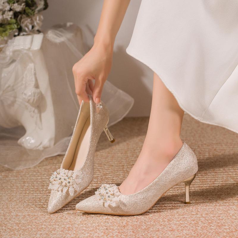 2025 New Rhinestone High-heeled French Temperament Bridal Shoes High-heeled Shoes New Daily Wear Banquet Heels