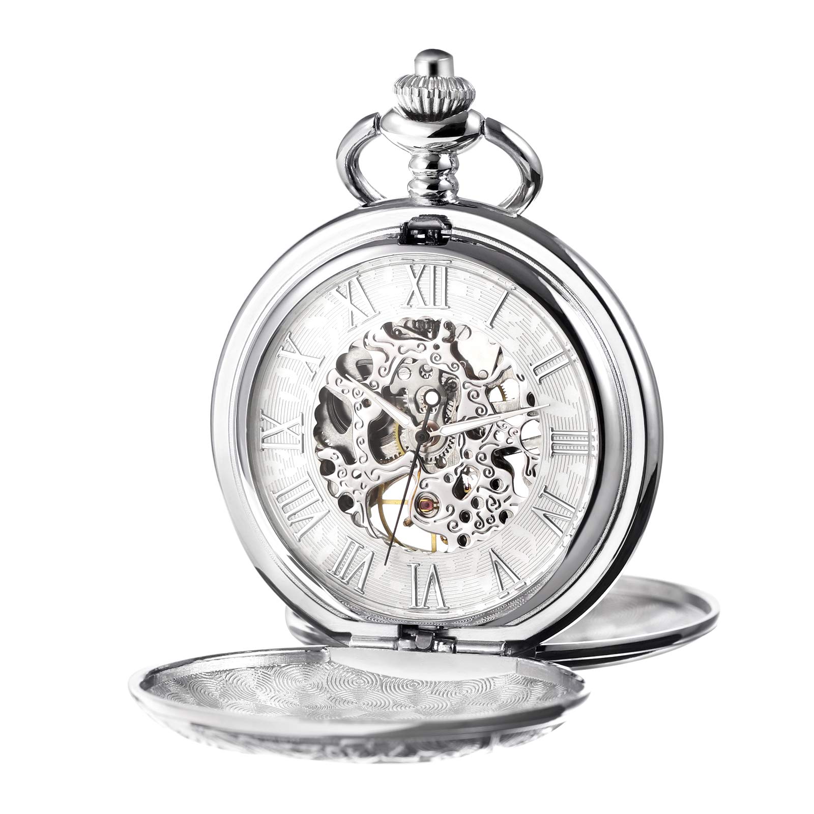 TREEWETO Men s Mechanical Skeleton Pocket Watch Roman Numeral Dial Gift Box Chain