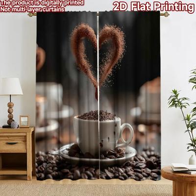2D Flat Printing 2pcs Curtain Curtains Valentine Coffee Heart Digital Printed Polyester Drapes Party Decorations for Holiday