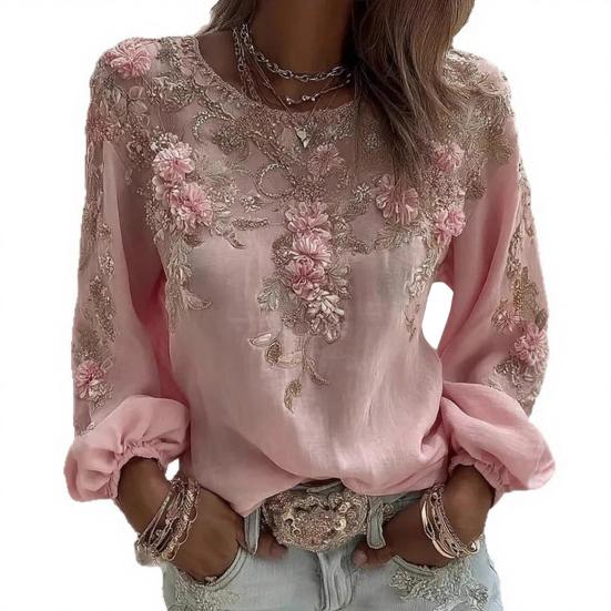 Women Tops Round Neck Long Sleeve Loose Fit Tee Shirt 3D Flower Printing Faux Pearls Decor Pullover Tops Casual Office Wear