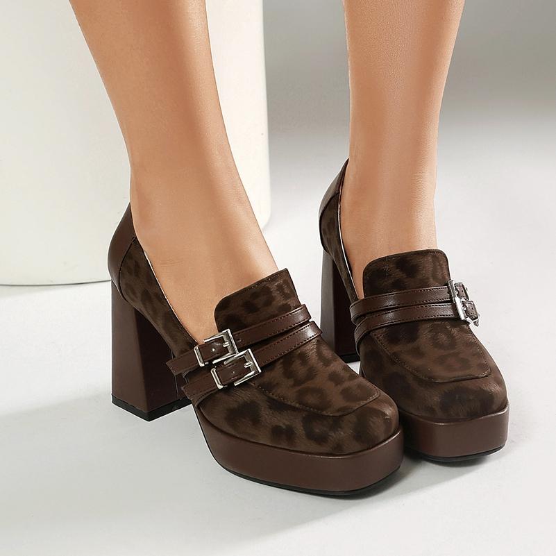 FOREADA Damen Loafer Pumps Quadratische Zehenpartie Klobige Hohe Absätze Schnalle Plateau Sexy Damen Mode Schuhe Frühling Herbst 43