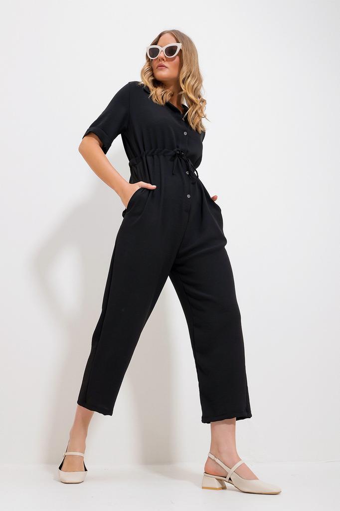 Women's Jumpsuit New Season Fashion Black Shirt Collar Hidden Double Pocket Tie Waist Woven Overalls
