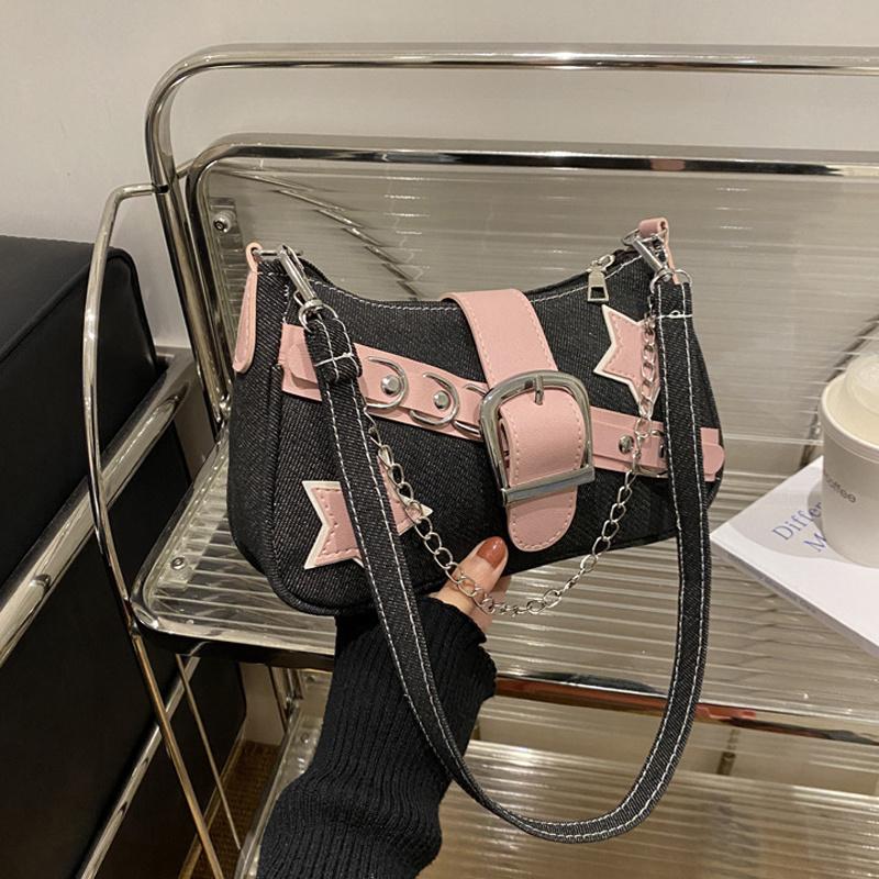 

Звездный узор Y2K Hot Girl сумки на ремне с цепочкой для женщин Черная розовая сумка Роскошная дизайнерская сумка в стиле гранж Готический моторный стиль слинг