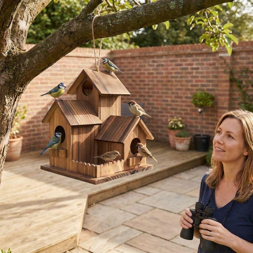 3 Chambers Wooden Bird House Incubation Box Thickened Hanging Birdhouse Rustic Weather Resistant Bird Villa Nest Backyard