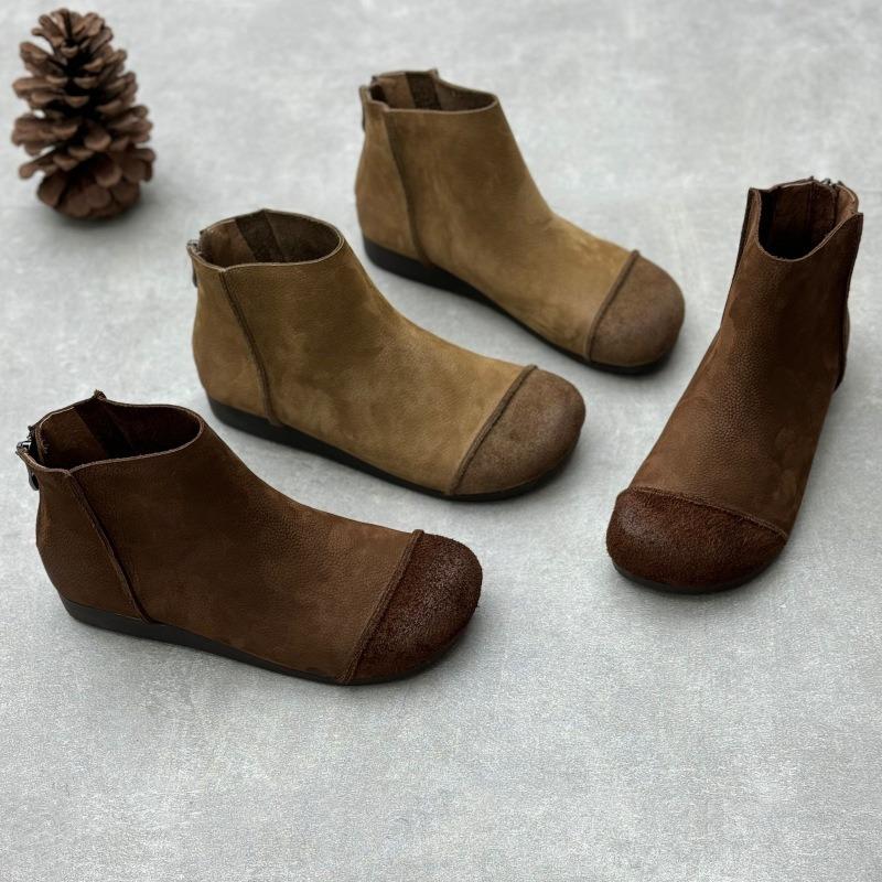 Retro leather boots literary handmade round head flat cowhide single boots
