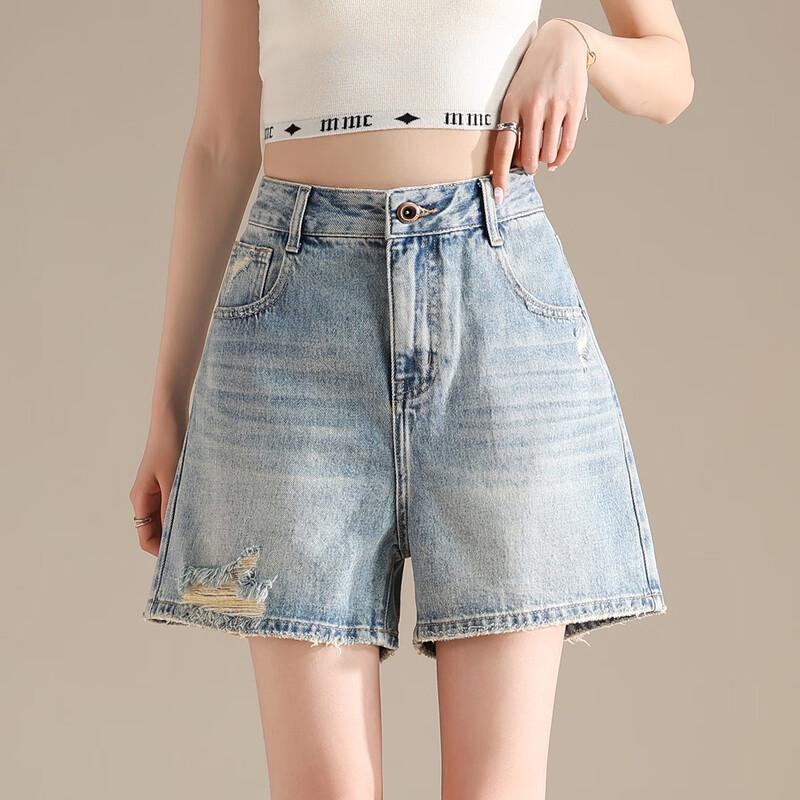 

RAIN.CUN Женские джинсовые шорты А-силуэта с высокой посадкой и эффектом потертости 27