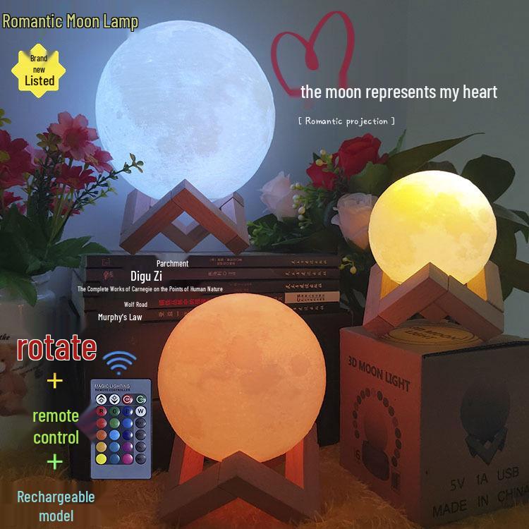 Moon Lamp USB Charging LED Night Light, 7-Color Touch, Creative Bedside Planet Lamp, Perfect Birthday Gift.